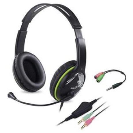 Genius HS-400A Headset, herní, drátový, náhlavní, mikrofon, ovládání hlasitosti, 2× 3,5mm jack, redukce na 1× 3,5mm, černo-zelená