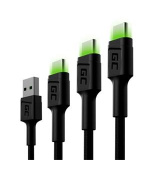 Green Cell Set 3x Cable GC Ray USB-C Cable 30cm, 120cm, 200cm with green LED backlight, fast charging UC, QC 3.0