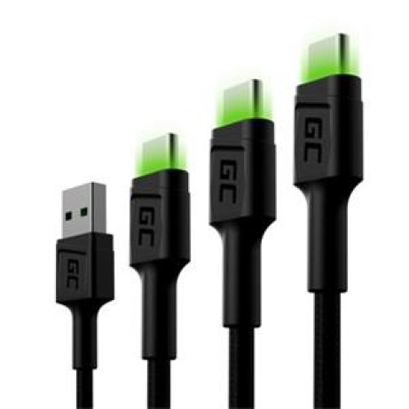 Green Cell Set 3x Cable GC Ray USB-C Cable 30cm, 120cm, 200cm with green LED backlight, fast charging UC, QC 3.0