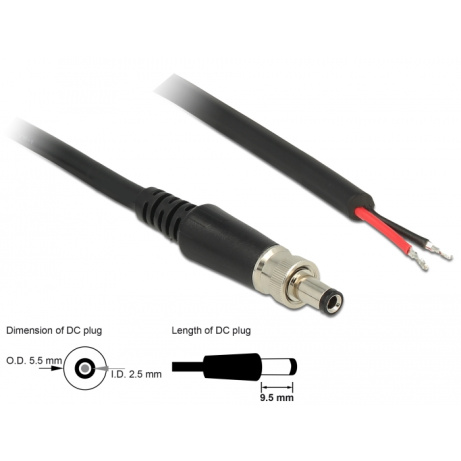 Delock Napájecí kabel DC 5,5 x 2,5 x 9,5 mm šroubovací s odhalenými konci drátů 95 cm