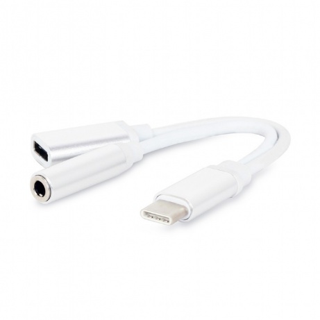 GEMBIRD USB type-C plug to stereo 3.5 mm audio adapter cable, with extra power socket, white
