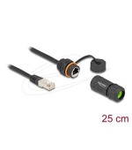 Delock Kabel ze zástrčky RJ45 na zásuvku RJ45, Cat.6A,závit M20 a kryt, s prachotěsností a vodotěsností IP68, 25cm,černý