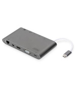 DIGITUS Univerzální dokovací stanice, USB-C, 11 portů, šedá 3x video, 1x USB-C, 3x USB3.0, RJ45, 2x čtečka karet