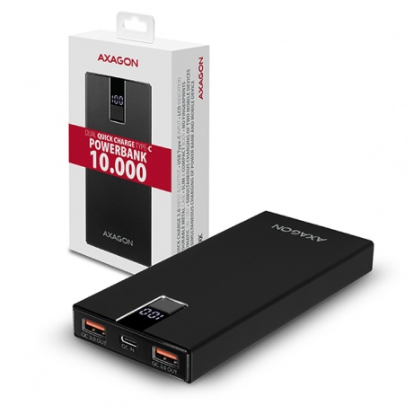 AXAGON PWB-L10QC, ALU SLIM Powerbanka Li-pol 10000mAh, 2x QC3.0 výstup, USB-C PD vstup/výstup, LCD d