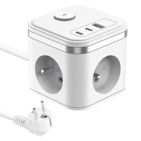 Síťový adaptér VIKING YC33, bílá/Output:3xAC, 1xUSB-A,2xUSB-C/Tlačítko ON/OFF/1,4m kabel