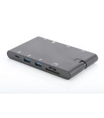 Digirus Univerzální cestovní dokovací stanice, USB 3.1 Type C, 4K, HDMI, VGA, 2x USB-C, 2x USB3.0, RJ45, MicroSD, SD / MMC, černá