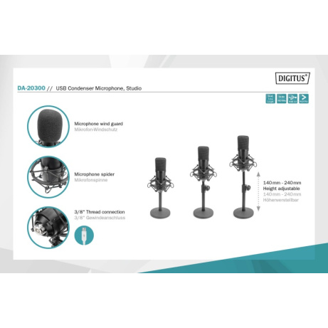 DIGITUS DA-20300 USB Kondenzátorový Mikrofon, Studiový