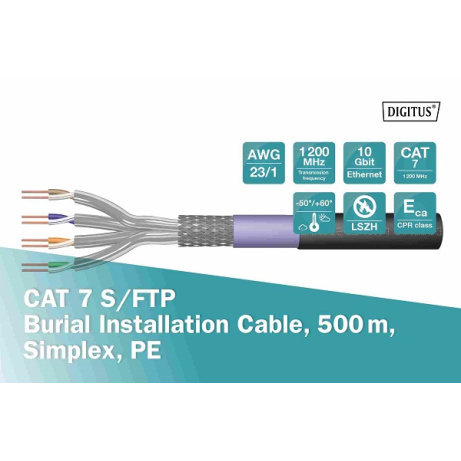Digitus Cat.7 S/FTP instalační kabel, pro instalaci do země, 500 m, simplexní, PE
