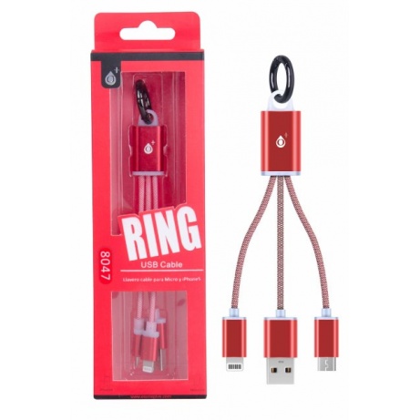 Nabíjecí kabel PLUS 2v1 Micro USB + iPhone Lightning, přívěšek na klíče, (8047), červený