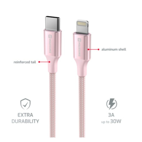 SWISSTEN DATOVÝ KABEL TEXTILE II USB-C / LIGHTNING 1,5 M RŮŽOVÝ