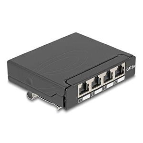 Delock Mini Desktop Patch Panel RJ45 jack 4 porty Cat.6A stíněný černý - pro montáž na stůl, zeď nebo DIN lištu