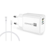 CONNECT IT DUPLEX Nabíjecí adaptér 1xLightning + 1×USB-C, 20W, kabel 27W, BÍLÝ