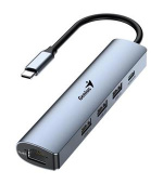 Genius UH-545 USB Hub, externí, USB-C na 3× USB 3.0, 1× USB-C, RJ-45 Gigabit Ethernet, 15cm, šedý
