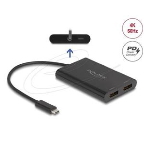 Delock Adaptér USB Type-C na 2 x DisplayPort 4K 60 Hz s grafikou DisplayLink a USB PD