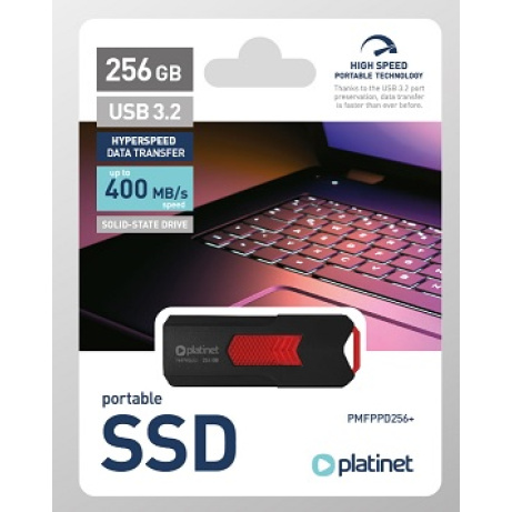 PLATINET přenosný SSD disk  USB 3.2 R/W UP TO 400MB/s 256GB černá