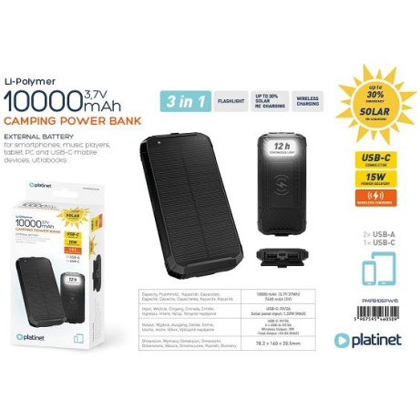 PLATINET POWERBANK 10000 mAh SOLAR PANEL WIRELESS CHARGER 15W 2X USB-A, 1X USB-C