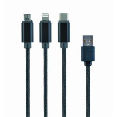 CABLEXPERT Kabel USB A Male/Micro B + Type-C + Lightning, 1m, opletený, černý, blister