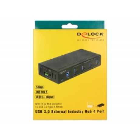 Delock Externí průmyslový Hub 4 x USB 3.0 Typ-A s ochranou 15 kV ESD