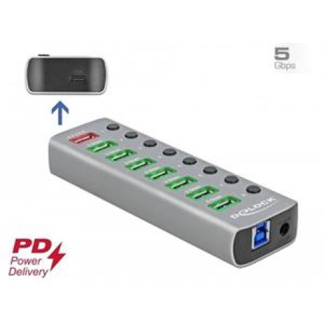 Delock Rozbočovač USB 3.2 Gen 1 se 7 porty + 1 rychlonabíjecím portem + 1 portem USB-C™ PD 3.0 s přepínačem a osvětlením