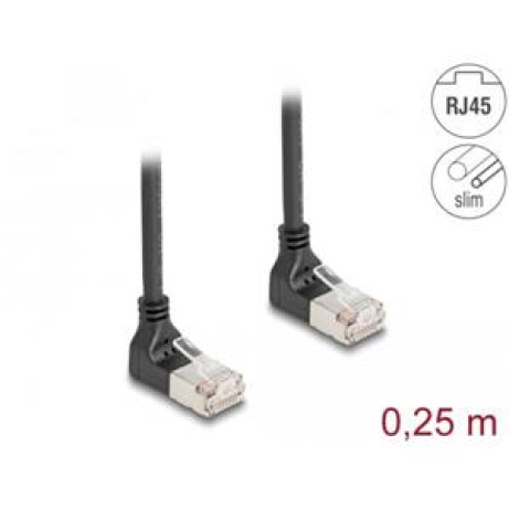 Delock Síťový kabel rozhraní RJ45, Cat.6A, S/FTP, Slim, zalomený nahoru / nahoru o 90°, 0,25 m, černý